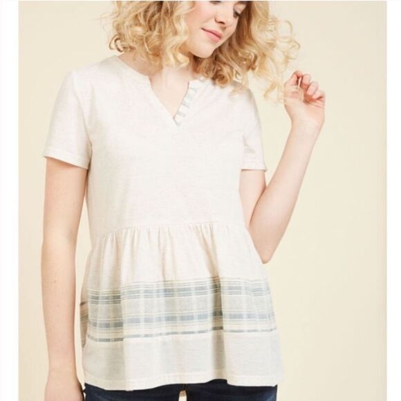 Doe & Rae henley peplum top oatmeal teal medium - Picture 1 of 7